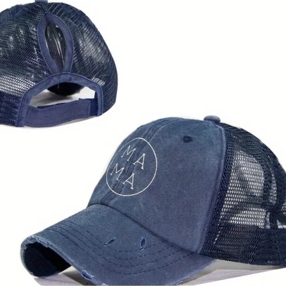 Womenβs MAMA Mom Ponytail Trucker Hat Baseball Hat Blue Distressed Vintage Wash - Picture 5 of 5